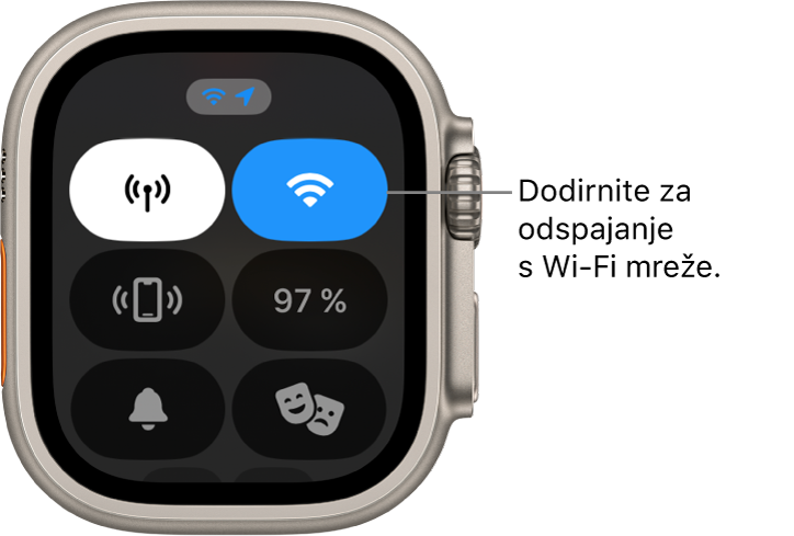 Kontrolni centar na modelu Apple Watch Ultra, s tipkom Wi-Fi gore desno. U oblačiću piše "Dodirnite za odspajanje s Wi-Fija".