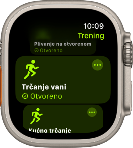 Zaslon Treninga s istaknutim treningom trčanja na otvorenom. Tipka Više nalazi se u gornjem desnom kutu pločice treninga.