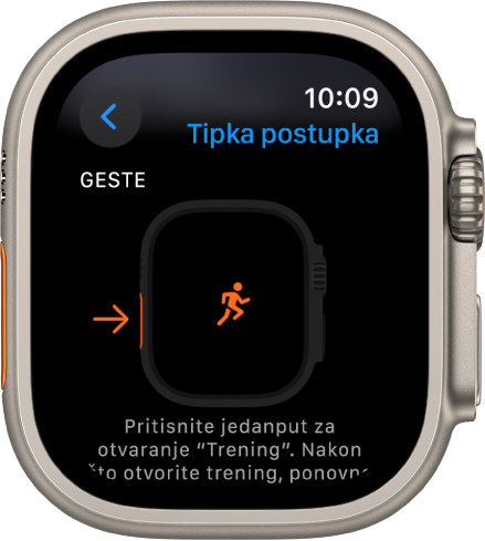 Zaslon tipke postupka na uređaju Apple Watch Ultra s prikazom Treninga kao dodijeljenog postupka i aplikacije. Jednostrukim pritiskanjem tipke postupka otvara se aplikacija Trening.