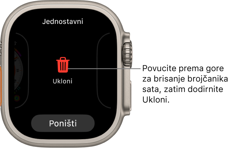 Zaslon aplikacije Apple Watch koji prikazuje tipke Ukloni i Poništi, koji se pojavljuje nakon što povučete na brojčanik sata, zatim povucite prema gore na njega kako biste ga obrisali.