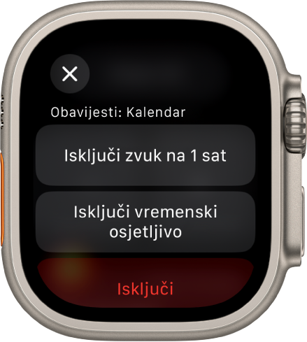 Postavke obavijesti na Apple Watchu Na gornjoj tipku piše "Isključi zvuk na 1 sat”. Ispod se nalaze tipke za Isključi vremenski osjetljive i Isključi.
