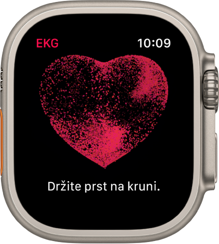 U aplikaciji EKG prikazuje se slika srca i riječi “Držite prst na kruni”.