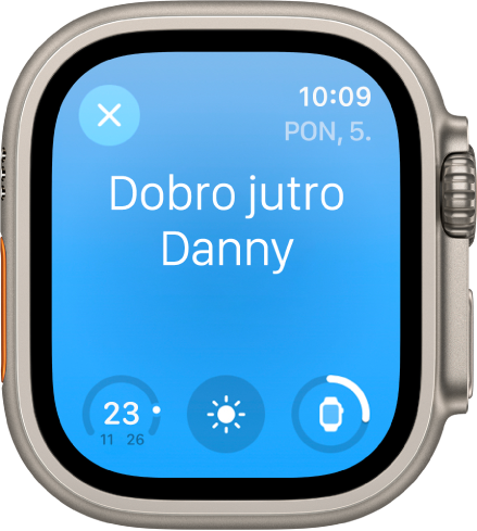 Apple Watch prikazuje zaslon buđenja. Riječi Dobro jutro prikazuju se pri vrhu. Razina napunjenosti baterije je ispod.