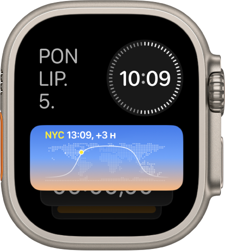 Pametni stog na Apple Watchu Ultra prikazuje tri widgeta: Dan i datum u gornjem lijevom kutu, digitalni sat u gornjem desnom kutu i Svjetski sat u sredini.