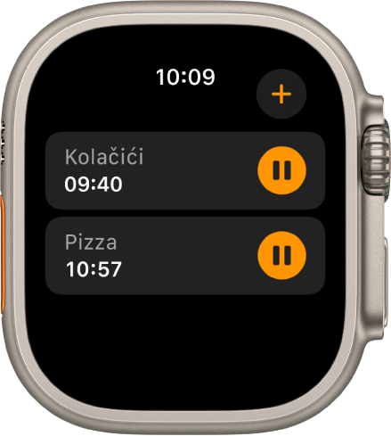 Dva brojača u aplikaciji Brojači. Brojač naziva “Kolačići” nalazi se pri vrhu. Ispod se nalazi brojač “Pizza”. Svaki brojač prikazuje preostalo vrijeme ispod naziva brojača i tipku pauziranja s desne strane. Tipka Dodaj nalazi se u gornjem desnom kutu.