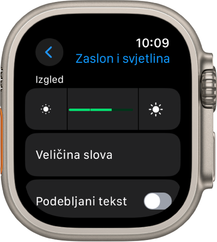 Postavke Zaslona i svjetline na Apple Watchu s kliznikom Svjetlina pri vrhu, a ispod se nalazi tipka Uvijek uključeno.