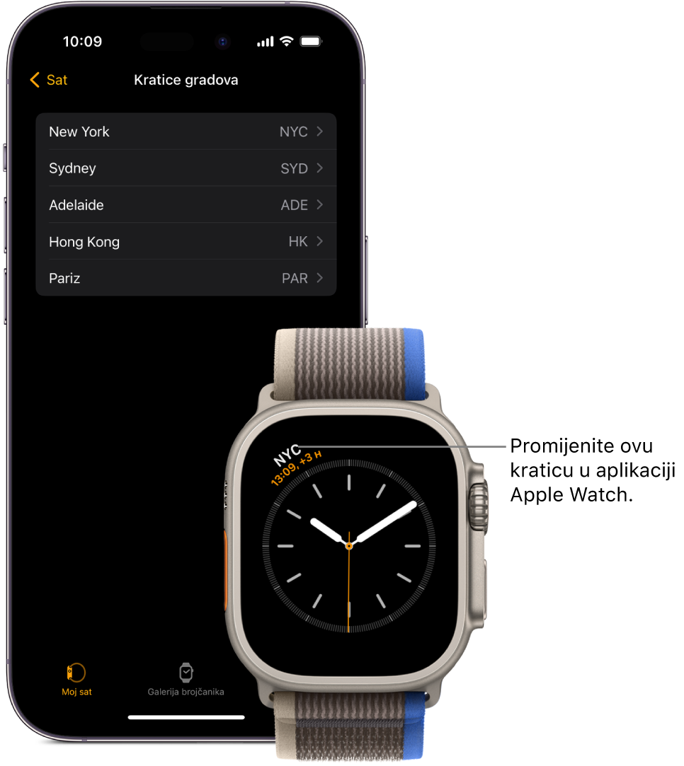 iPhone i Apple Watch, jedan do drugog. Zaslon Apple Watcha prikazuje vrijeme u New York Cityju, koristeći kraticu NYC. Zaslon iPhonea prikazuje popis gradova u postavkama sata u aplikaciji Apple Watch.
