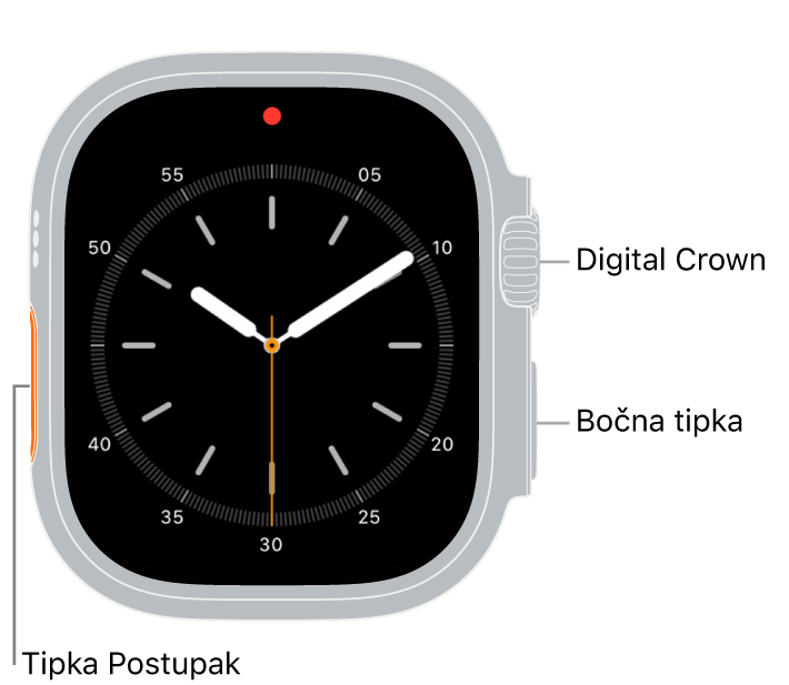 Prednja strana modela Apple Watch Ultra sa zaslonom koji prikazuje brojčanik sata, a odozgo prema dolje po strani sata nalaze se Digital Crown, mikrofon i bočna tipka.