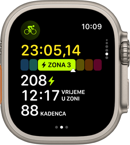 Trening bicikliranja u tijeku prikazuje proteklo vrijeme treninga, zonu u kojoj se trenutačno nalazite, vrijeme u zoni i kadencu.