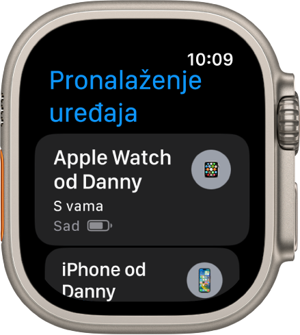 Aplikacija Pronalaženje uređaja s prikazom dvaju uređaja – Apple Watch i iPhone.
