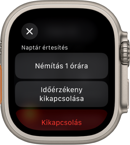 Értesítési beállítások az Apple Watchon. A felső gombon a „Némítás 1 órára” szöveg olvasható. Alatta a következő gombok találhatók: Időérzékeny kikapcsolása és Kikapcsolás.