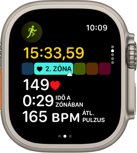 Egy folyamatban lévő futásedzés az edzésből eltelt idővel, az aktuális zónával, a pulzusszámmal, a zónában eltöltött idővel és az átlagos pulzusszámmal.