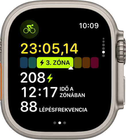 Az Edzés app egyik képernyője, amelyen egy kültéri bicikliedzés mérőszámai láthatók.