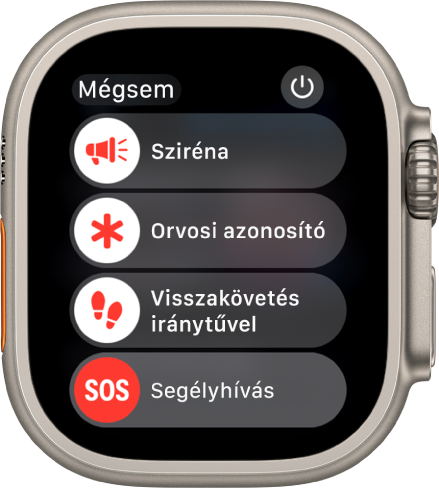 Az Apple Watch képernyője, négy csúszkával: Sziréna, Orvosi azonosító, Iránytű visszakövetés és Segélyhívás A Bekapcsológomb a jobb felső részen jelenik meg.