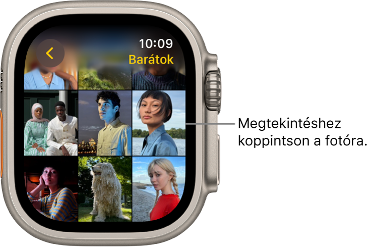 Az Apple Watch Fotók appjának főképernyője; a rácsban több fotó is látható.