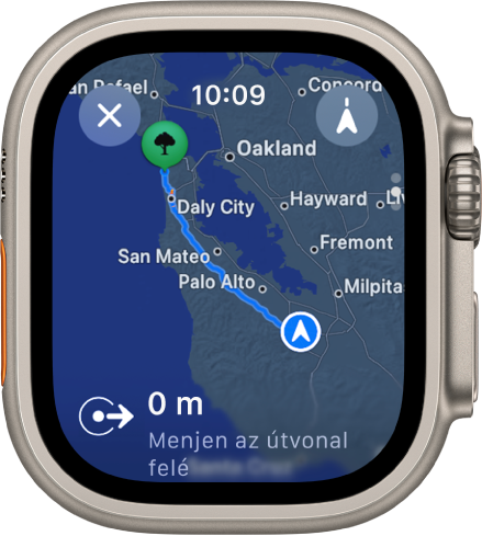 A Térképek app egy autós útvonalterv áttekintésével. Az utazás első útszakasza alul látható.