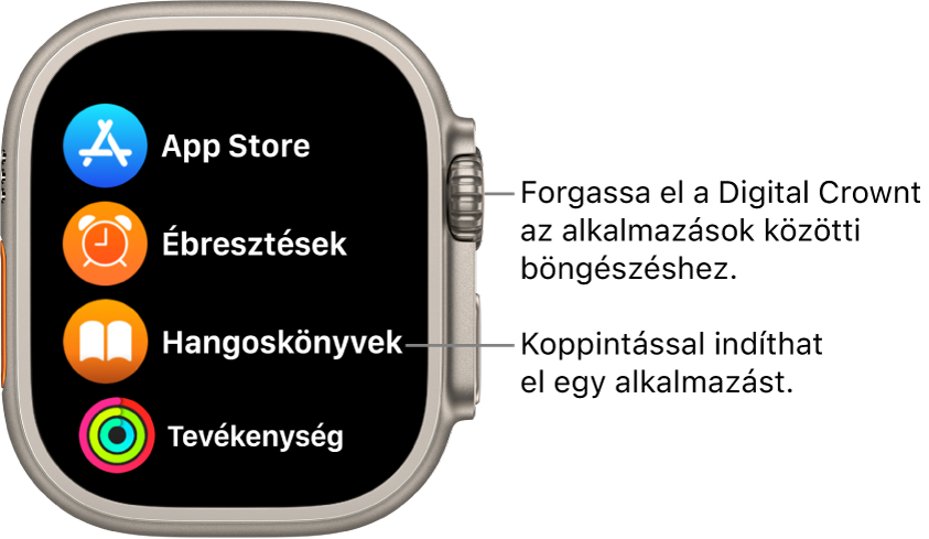 Az Apple Watch Főképernyője listanézetben az appok listájával. Az app megnyitásához koppintson rá. Görgessen a további appok megjelenítéséhez.