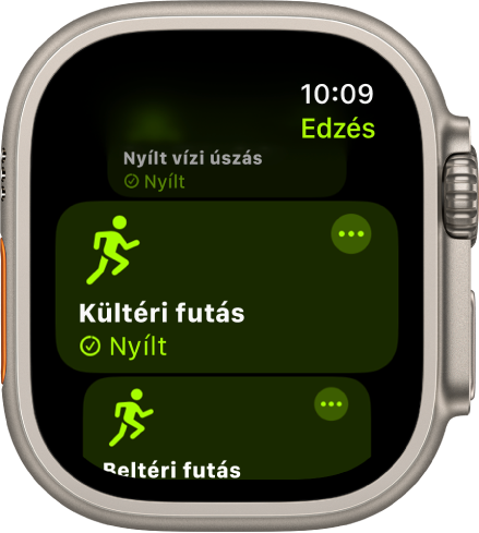 Az Edzés app a kiemelt Kültéri futásedzés opcióval.