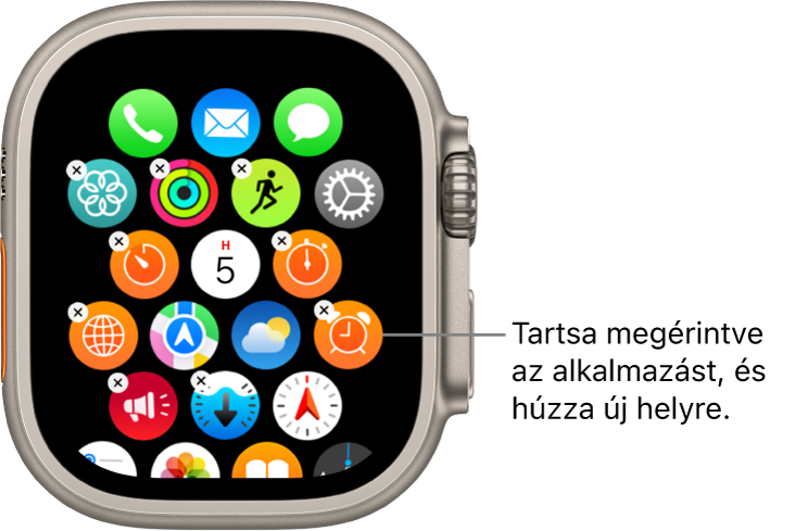 Az Apple Watch Főképernyője rácsnézetben.