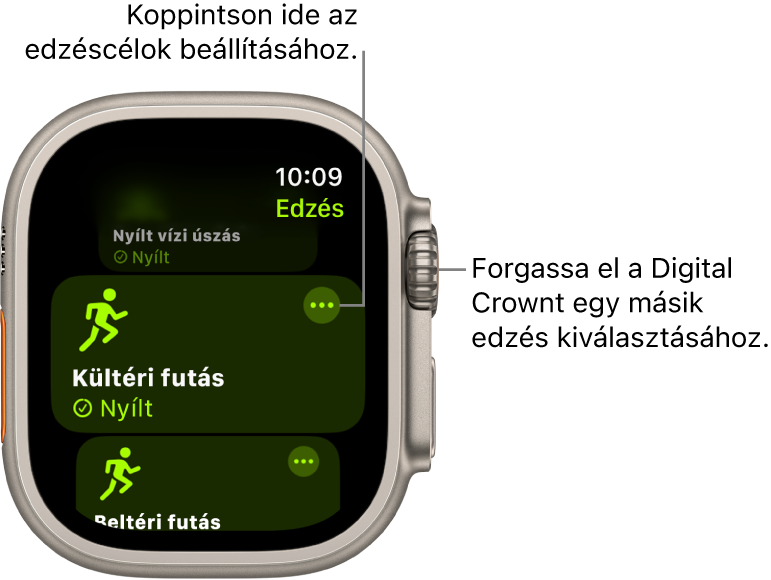 Az Edzés képernyő, amelyen a kültéri futásedzés van kiemelve. Az edzés csempe jobb felső részén egy Továbbiak gomb látható.