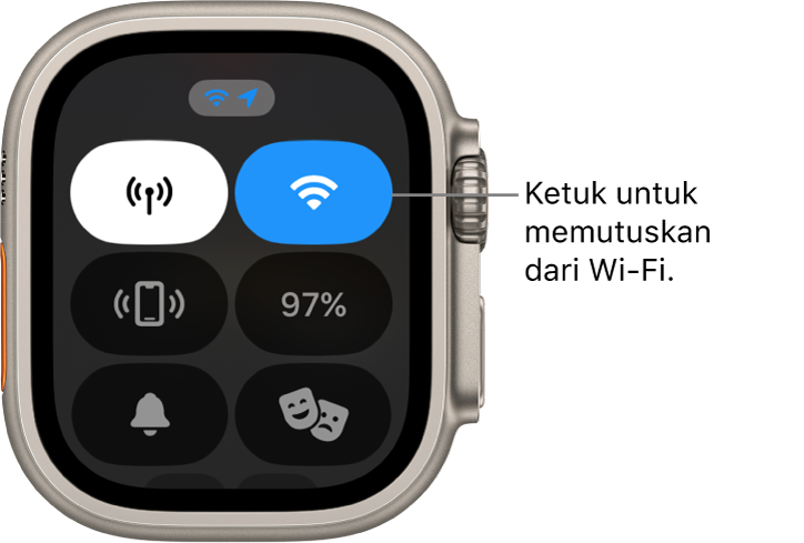 Pusat Kontrol di Apple Watch Ultra, dengan tombol Wi-Fi di kanan atas. Callout bertuliskan “Ketuk untuk memutuskan dari Wi-Fi.”