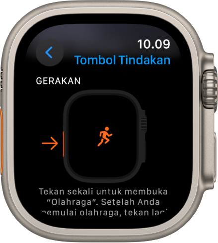 Layar Tombol Tindakan di Apple Watch Ultra menampilkan Olahraga sebagai tindakan dan app yang ditetapkan. Menekan tombol Tindakan sekali membuka app Olahraga.