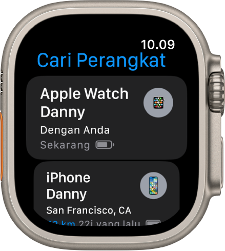 App Cari Perangkat menampilkan dua perangkat—Apple Watch dan iPhone.