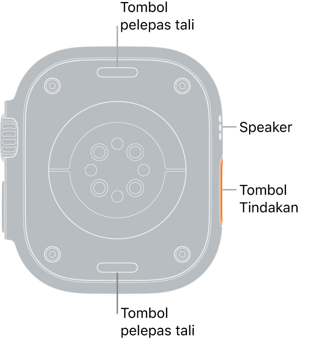 Bagian belakang Apple Watch Ultra, dengan tombol pelepas tali di bagian atas dan bawah, sensor jantung elektrik, sensor jantung optik, dan sensor oksigen darah di bagian tengah, dan speaker/ventilasi udara di bagian samping.