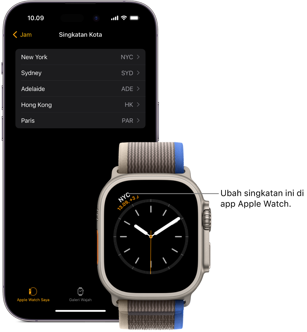 iPhone dan Apple Watch, berdampingan. Layar Apple Watch menampilkan waktu di New York City, menggunakan singkatan NYC. Layar iPhone menampilkan daftar kota di pengaturan Jam di app Apple Watch.