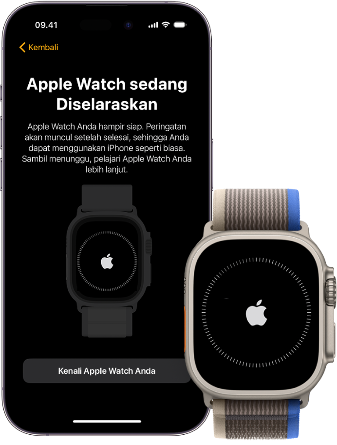 iPhone dan Apple Watch Ultra, berdampingan. Layar iPhone menampilkan “Apple Watch Diselaraskan”. Apple Watch Ultra menampilkan kemajuan penyelarasan.