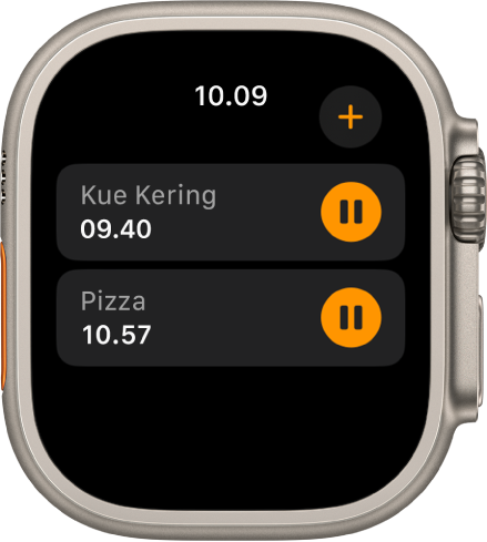 Dua timer di app Timer. Timer bernama “Cookies” berada di dekat bagian atas. Di bawahnya terdapat timer bernama “Pizza”. Setiap timer menampilkan waktu tersisa di bawah nama timer dan tombol jeda di sebelah kanan. Tombol Tambah ada di kanan atas.