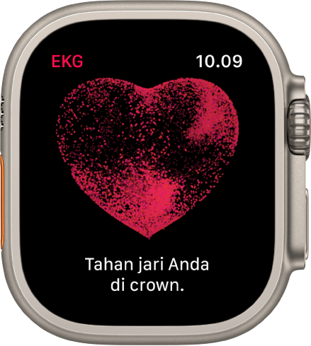 App EKG menampilkan gambar jantung dengan kata “Tahan jari Anda di crown”.