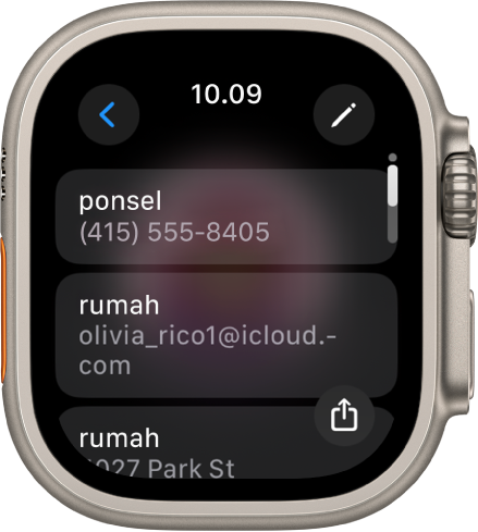 App Kontak menampilkan detail kontak. Tombol edit muncul di kanan atas. Tiga bidang muncul di bagian tengah layar—nomor telepon, alamat email, dan alamat rumah. Tombol Bagikan berada di kanan bawah dan tombol Kembali di kiri atas.