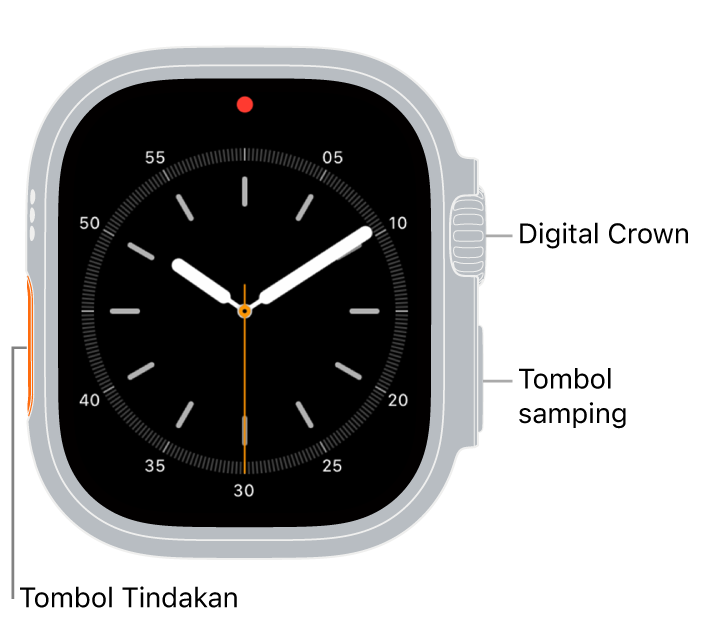 Bagian depan Apple Watch Ultra, dengan layar yang menampilkan wajah jam, dan Digital Crown, mikrofon, dan tombol samping dari bagian atas ke bawah di bagian samping jam.