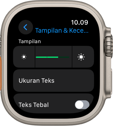 Pengaturan Tampilan & Kecerahan di Apple Watch, dengan penggeser Kecerahan di bagian atas dan tombol Selalu Nyala di bawah.