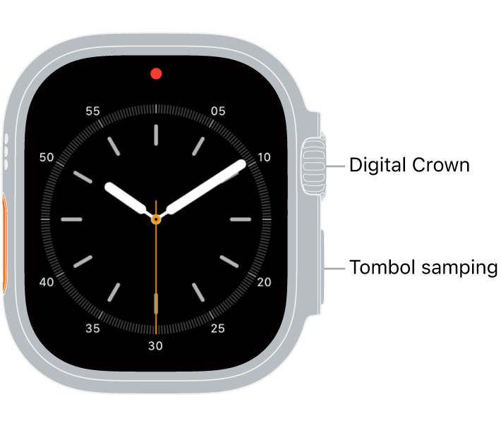 Bagian depan Apple Watch Ultra, dengan Digital Crown ditampilkan di bagian atas di sebelah kanan jam dan tombol samping ditampilkan di kanan bawah.