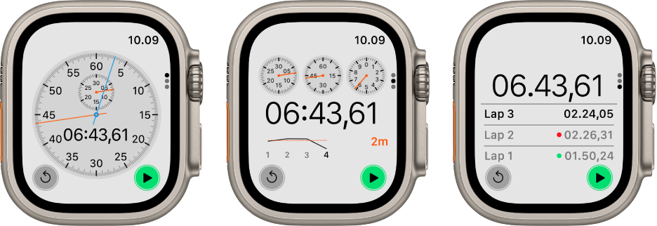Tiga jenis stopwatch di app Stopwatch: Stopwatch analog, stopwatch hibrida yang menampilkan waktu dalam format analog dan digital, serta stopwatch digital dengan penghitung lap. Setiap jam memilki tombol mulai dan atur ulang.