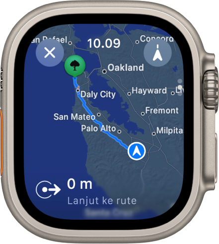 App Peta menampilkan tinjauan petunjuk arah berkendara. Bagian pertama perjalanan ditampilkan di bagian bawah.
