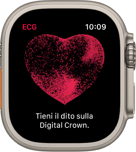 L’app ECG che mostra l’immagine di un cuore con la frase: “Tieni il dito sulla Digital Crown”.