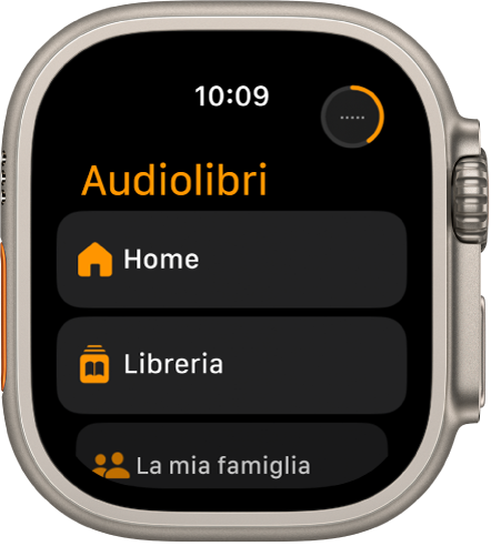 L’app Audiolibri con i pulsanti Home, Libreria e “La mia famiglia”.