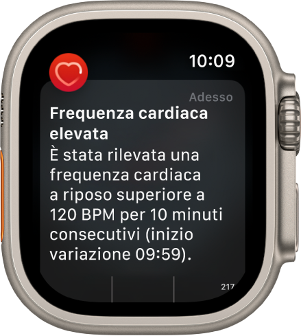 La schermata “Frequenza cardiaca ridotta” che mostra una notifica perché il battito cardiaco è salito al di sopra della soglia di 120 BPM per 10 minuti pur non svolgendo nessuna attività fisica.