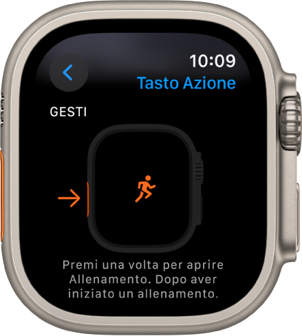 La schermata “Tasto Azione” su Apple Watch Ultra che mostra Allenamento come sia azione che app assegnata al tasto. Premendo il tasto Azione una volta, si apre l’app Allenamento.