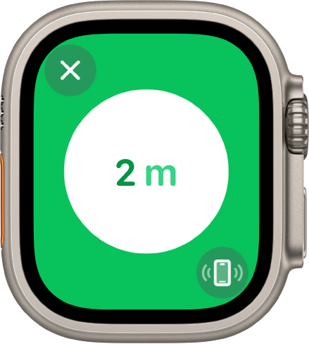 La schermata “Posizione precisa” che mostra che iPhone è a meno di 2 metri di distanza. Il pulsante “Fai suonare iPhone” è in basso a destra.