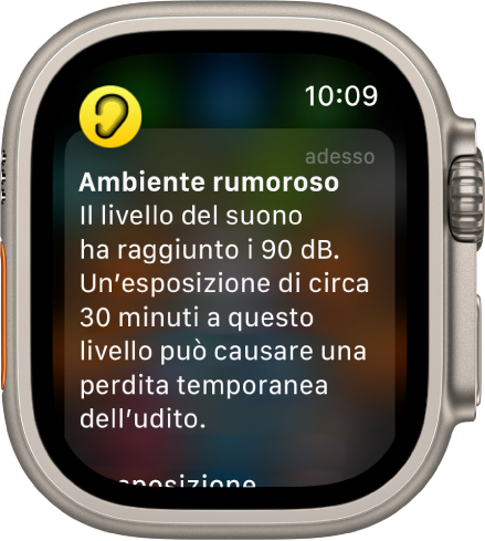 Apple Watch che visualizza una notifica di Rumore. L’icona dell’app associata alla notifica compare in alto a sinistra. Puoi toccarla per aprire l’app.