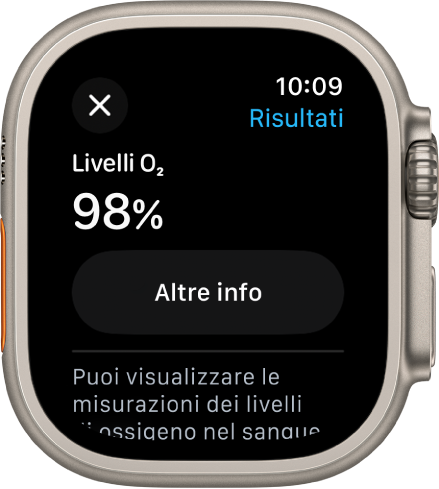 La schermata con i risultati dei livelli O₂ mostrante una saturazione dell’ossigeno del 98%. Sotto, è presente il pulsante “Altre info”.