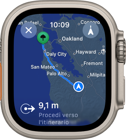 L’app Mappe con una panoramica del percorso in auto. La prima parte del percorso è in basso.