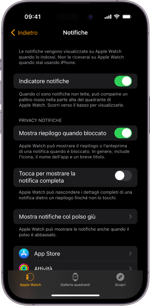 La schermata Notifiche nell’app Watch su iPhone che mostra la provenienza delle notifiche.