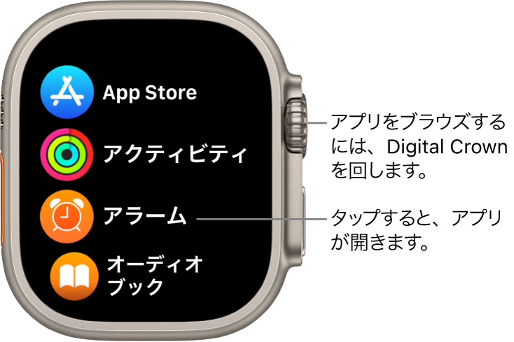 リスト表示のApple Watchのホーム画面。アプリがリスト表示されています。いずれかのアプリをタップすると、アプリが開きます。スクロールすると、ほかのアプリが表示されます。