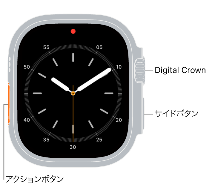 Apple Watch Ultraの前面で、ディスプレイに文字盤が表示され、側面には上から順にDigital Crown、マイク、サイドボタンがあります。