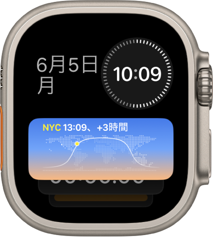 Apple Watch Ultraのスマートスタック。3つのウイジェットが表示されています。左上に曜日と日付、右上にデジタル時刻、中央に世界時計があります。